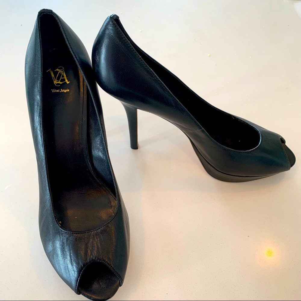 Velvet Angel black leather stiletto peep toe heels SZ 10
